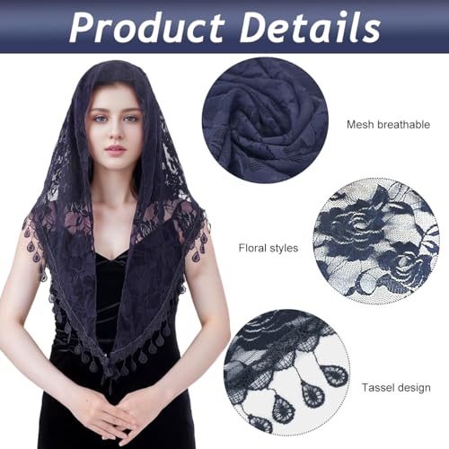 PALAY® Lace Mantilla Mass Veil Triangle Head Scarf for Women Tassle Rose Jacquard Church Veil Cathedral Headwear Head Covering for Ladies - Navy Blue - Image 3