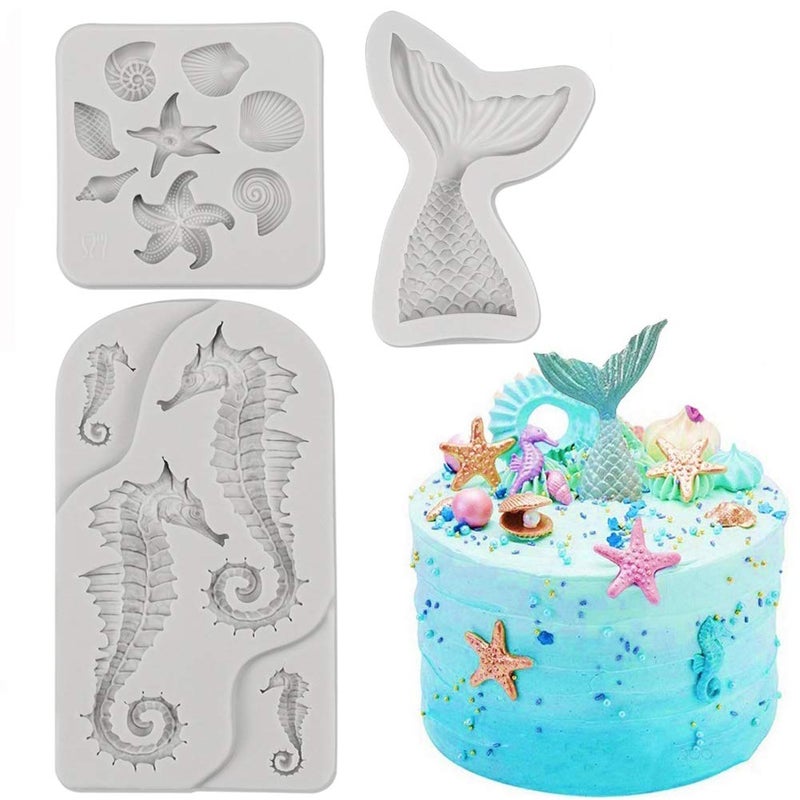 SAKOLLA Mermaid Theme Cake Fondant Mold - Seahorse Seashell Starfish Mermaid Tail Silicone Mold for Cake Decoration, Chocolate, Candy, Polymer Clay, Cupcake Decor, Sugar Craft