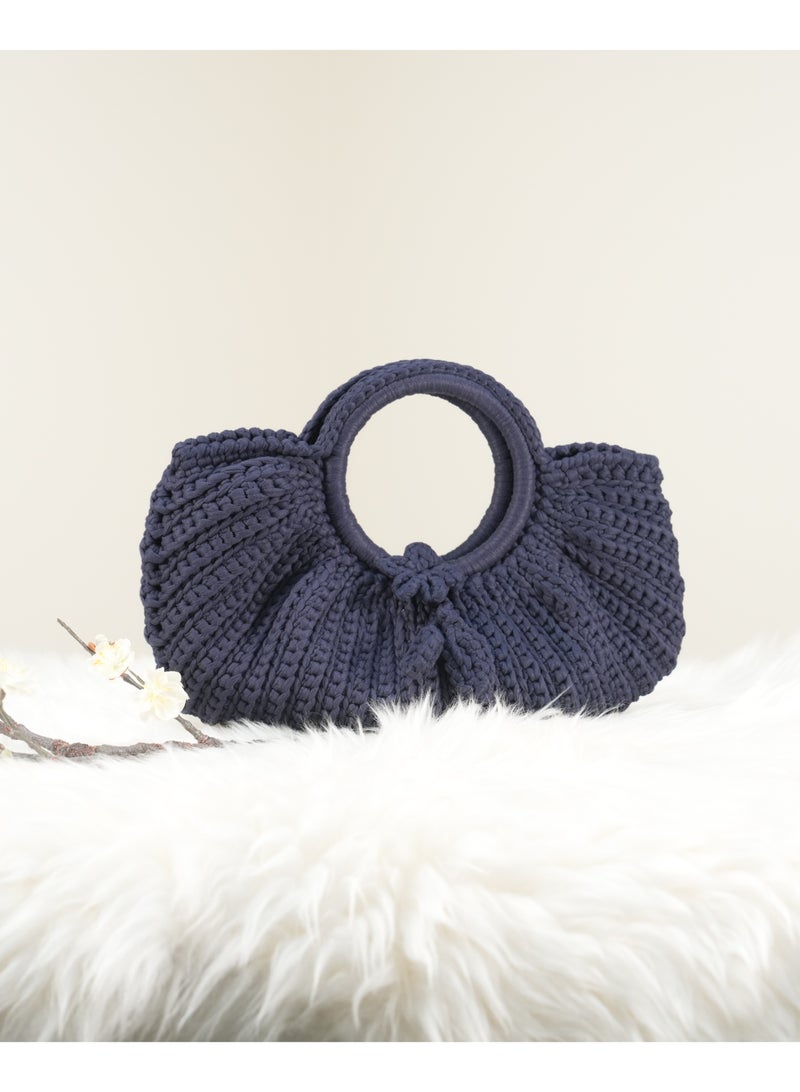 Navy Blue Crochet Handbag with Pleated Design and Round Handle