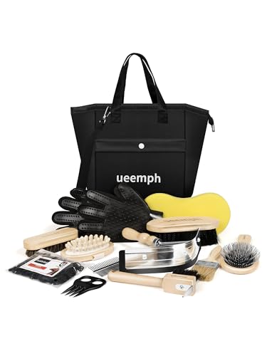 Ueemph Horse Grooming Kit (12-Piece): Brushes, Storage Bag, Sweat Scraper, Mane Comb, Grooming Gloves, Horse Gift for Girls (Black) - Image 1