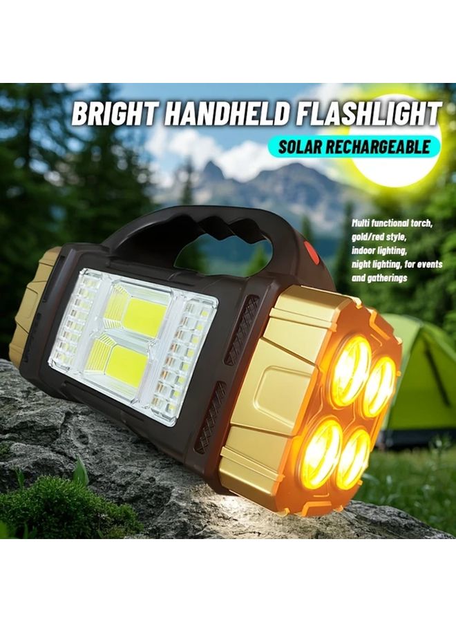Golden Solar Flashlight Portable LED Lantern with Side Lights 6 Modes USB Solar Powered - Image 1