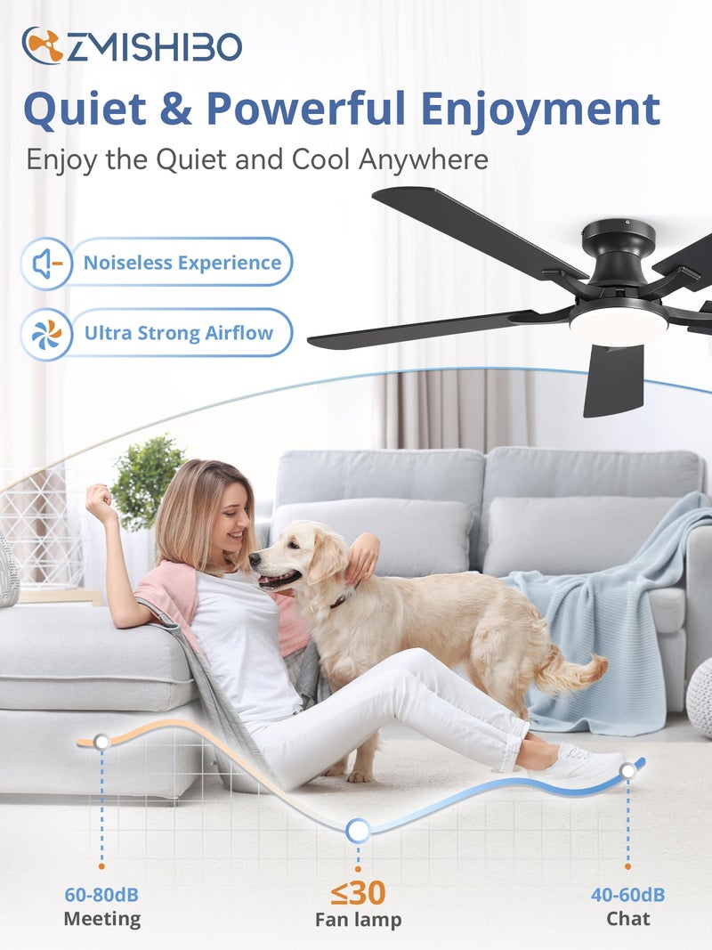 ZMISHIBO 52 Inch Ceiling Fan with Light, App&Remote Control, Flush Mount Low Profile, Dimmable 20W LED Light, Quiet Reversible Motor for Bedroom, Living Room, Apartment, Black - Image 4