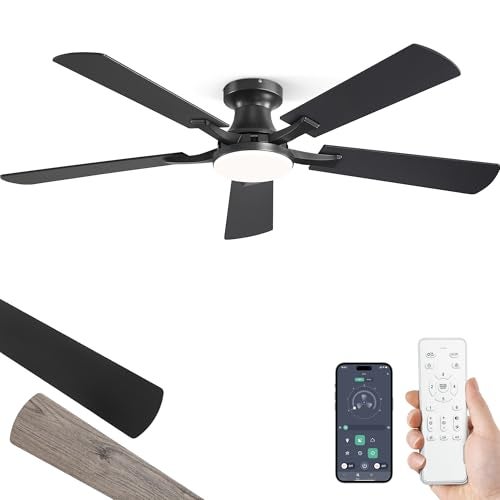 ZMISHIBO 52 Inch Ceiling Fan with Light, App&Remote Control, Flush Mount Low Profile, Dimmable 20W LED Light, Quiet Reversible Motor for Bedroom, Living Room, Apartment, Black - Image 1
