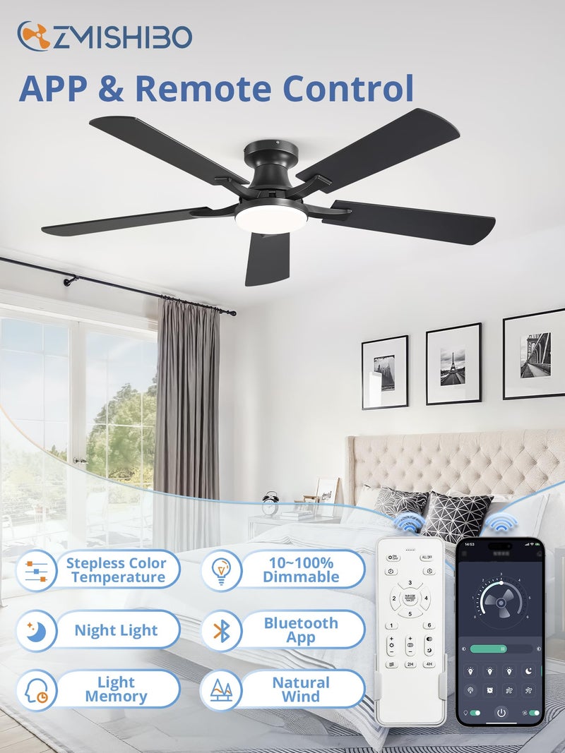 ZMISHIBO 52 Inch Ceiling Fan with Light, App&Remote Control, Flush Mount Low Profile, Dimmable 20W LED Light, Quiet Reversible Motor for Bedroom, Living Room, Apartment, Black - Image 2