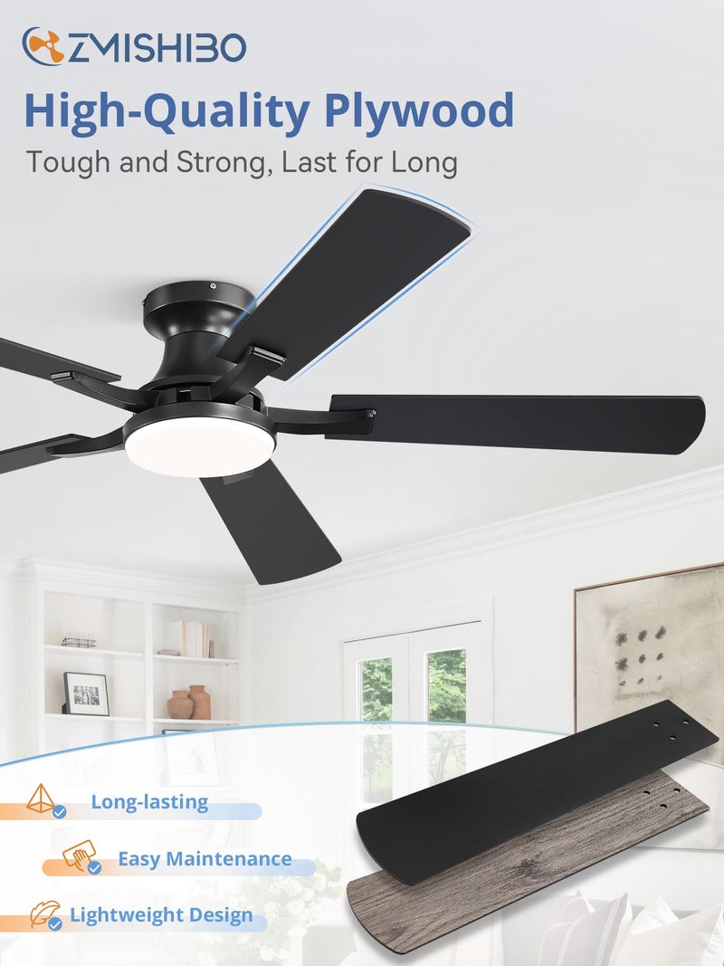 ZMISHIBO 52 Inch Ceiling Fan with Light, App&Remote Control, Flush Mount Low Profile, Dimmable 20W LED Light, Quiet Reversible Motor for Bedroom, Living Room, Apartment, Black - Image 5