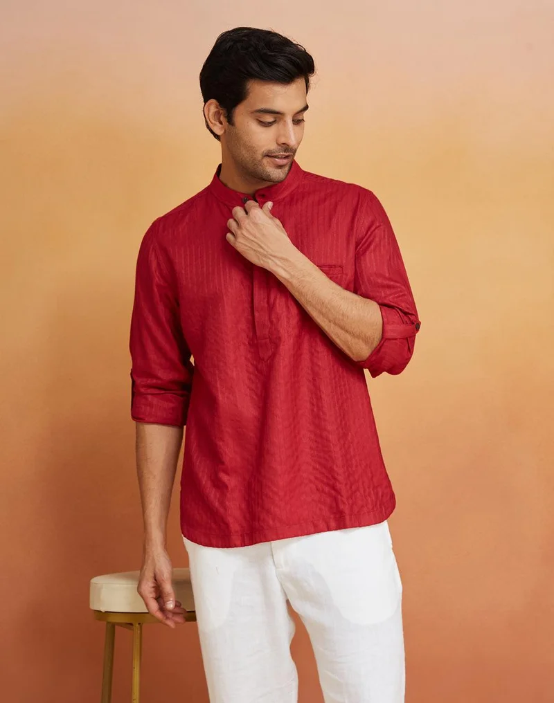 Fabindia Maroon Viscose Blend Woven Mid Placket Shirt