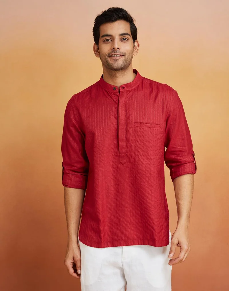 فاب انديا Maroon Viscose Blend Woven Mid Placket Shirt