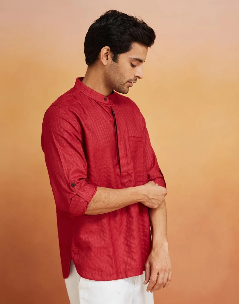فاب انديا Maroon Viscose Blend Woven Mid Placket Shirt