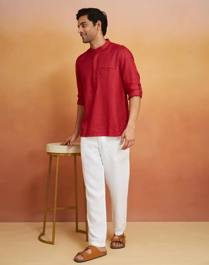 Fabindia Maroon Viscose Blend Woven Mid Placket Shirt