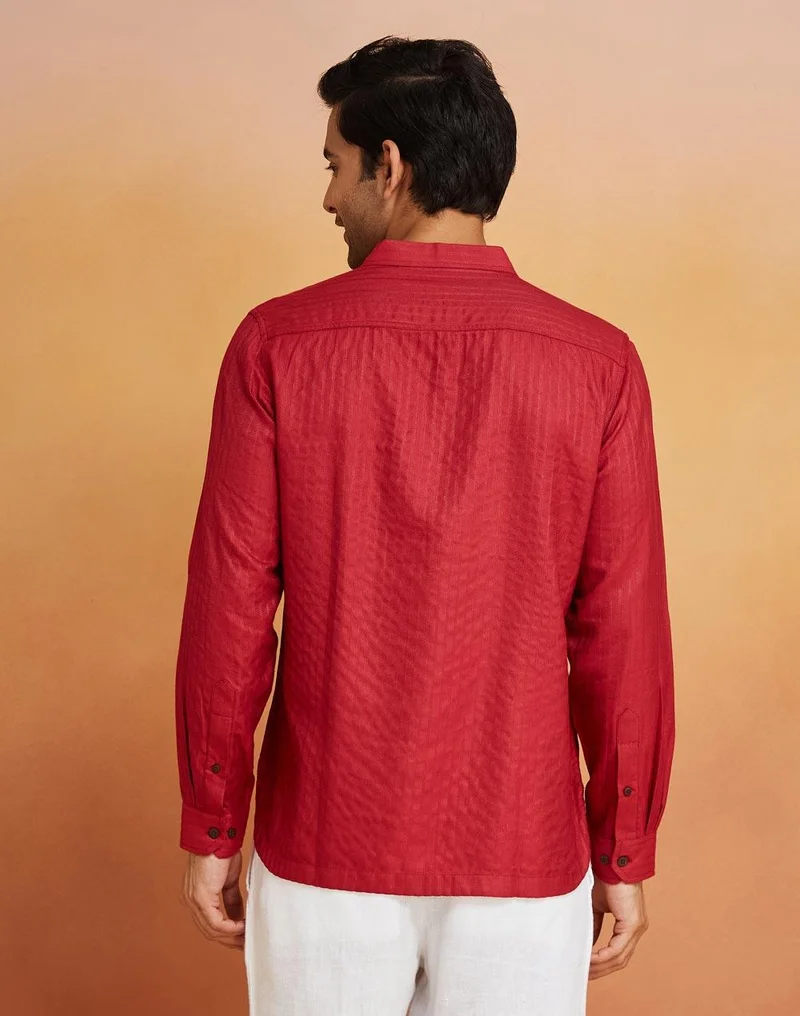 فاب انديا Maroon Viscose Blend Woven Mid Placket Shirt