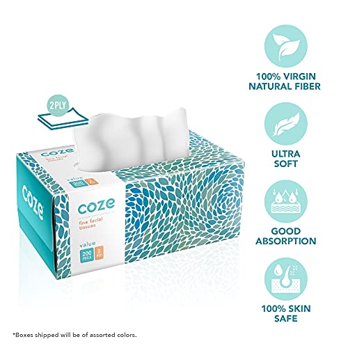 Coze Face Tissue Box (2 Ply, 200 Pulls) | Pack of 3 Assorted Coloured Boxes | 100% Skin-Safe, FDA Approved, OBA Free | Sleek Tissue Box for Car, Bathroom, Bedroom, Office | Car Tissue Paper Box - Image 2