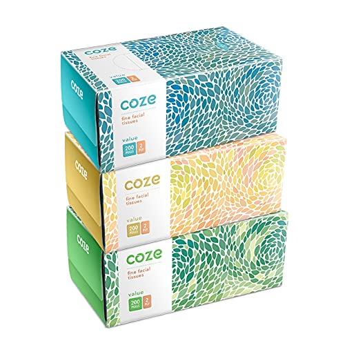 Coze Face Tissue Box (2 Ply, 200 Pulls) | Pack of 3 Assorted Coloured Boxes | 100% Skin-Safe, FDA Approved, OBA Free | Sleek Tissue Box for Car, Bathroom, Bedroom, Office | Car Tissue Paper Box - Image 1