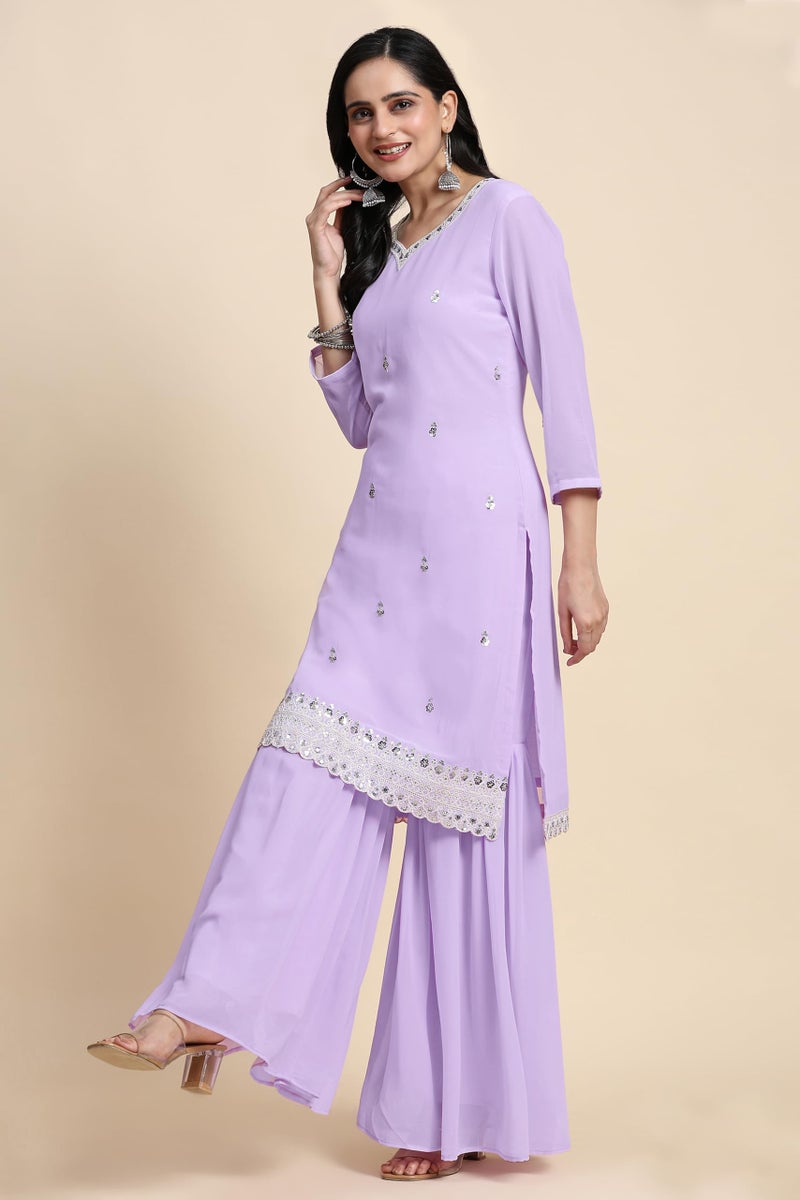TRENDMALLS Women's Georgette Embroidery Sequins Work Kurta Sharara Set with Dupatta (G251-LightPurple-XXL-) - Image 4