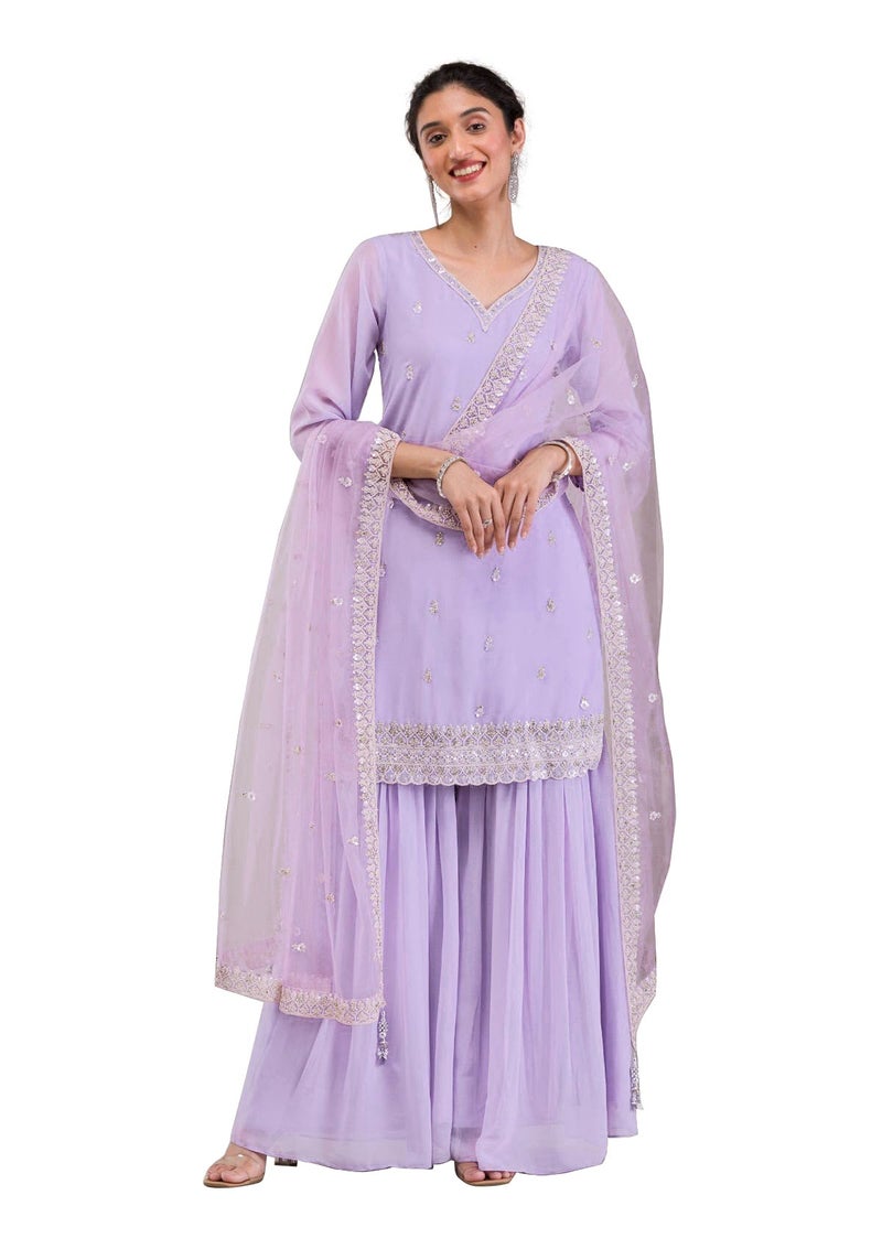 TRENDMALLS Women's Georgette Embroidery Sequins Work Kurta Sharara Set with Dupatta (G251-LightPurple-XXL-) - Image 1