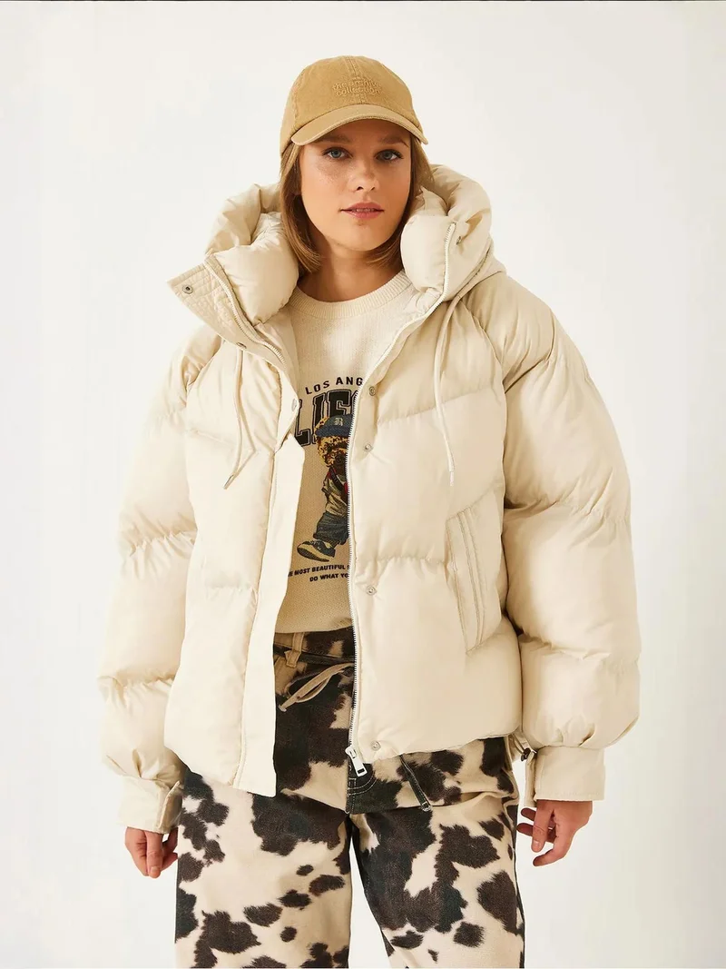 Bianco Lucci LUCCI Hooded Padded Faux Leather Spot Pattern Puff Coat