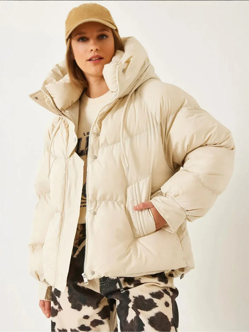Bianco Lucci LUCCI Hooded Padded Faux Leather Spot Pattern Puff Coat