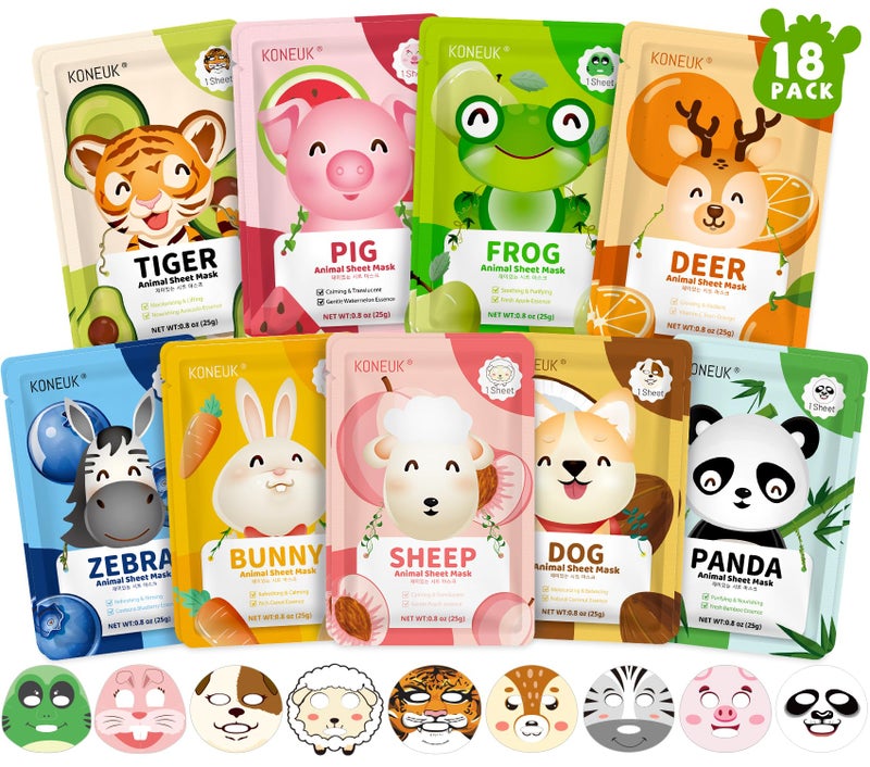KONEUK 18 Pack Animal Face Mask for Kids, Bulk Sheet Face Masks Skincare for Girls, Collagen Hydrating Face Mask Spa Party Gifts for Teens, Valentines Day Gifts, Birthday Gifts for Women - Image 1