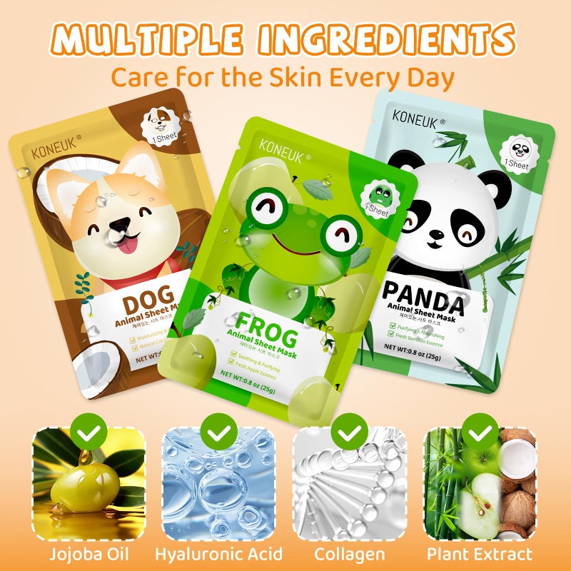 KONEUK 18 Pack Animal Face Mask for Kids, Bulk Sheet Face Masks Skincare for Girls, Collagen Hydrating Face Mask Spa Party Gifts for Teens, Valentines Day Gifts, Birthday Gifts for Women - Image 4