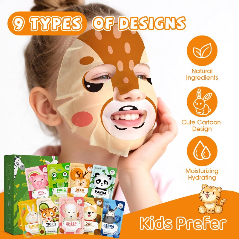 KONEUK 18 Pack Animal Face Mask for Kids, Bulk Sheet Face Masks Skincare for Girls, Collagen Hydrating Face Mask Spa Party Gifts for Teens, Valentines Day Gifts, Birthday Gifts for Women - Image 2