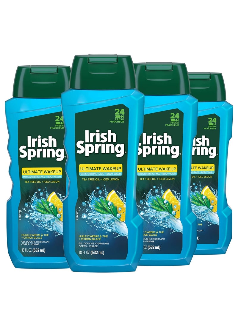 Irish Spring - Irish Spring Ultimate Wake Up Tea Tree Face  Body Wash for Men Moisturizing Body Wash Washes Away Bacteria  18 Fluid Ounce 4 Pack - Image 1