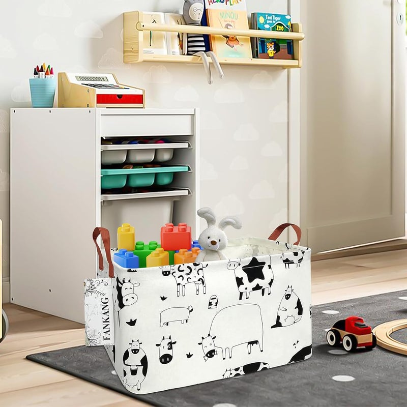 FANKANG Storage Basket,Nursery Hamper Canvas Laundry Basket Foldable with Waterproof PE Coating Storage, Office, Bedroom, Clothes,Toys(L, Rec-cows) - Image 3