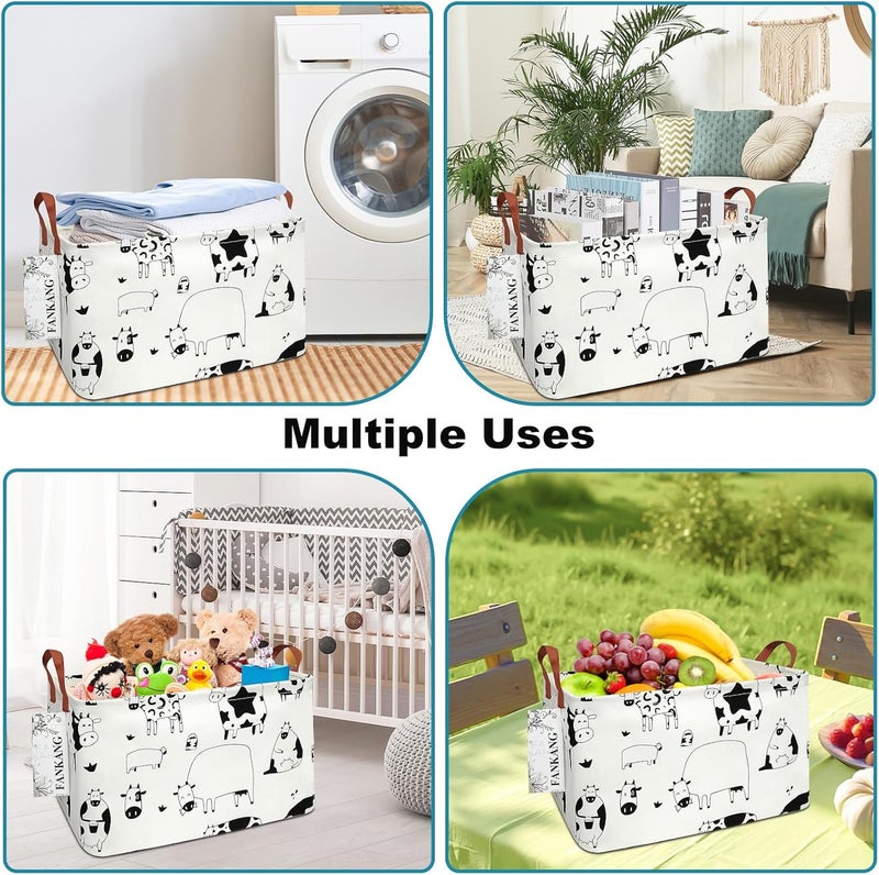 FANKANG Storage Basket,Nursery Hamper Canvas Laundry Basket Foldable with Waterproof PE Coating Storage, Office, Bedroom, Clothes,Toys(L, Rec-cows) - Image 5