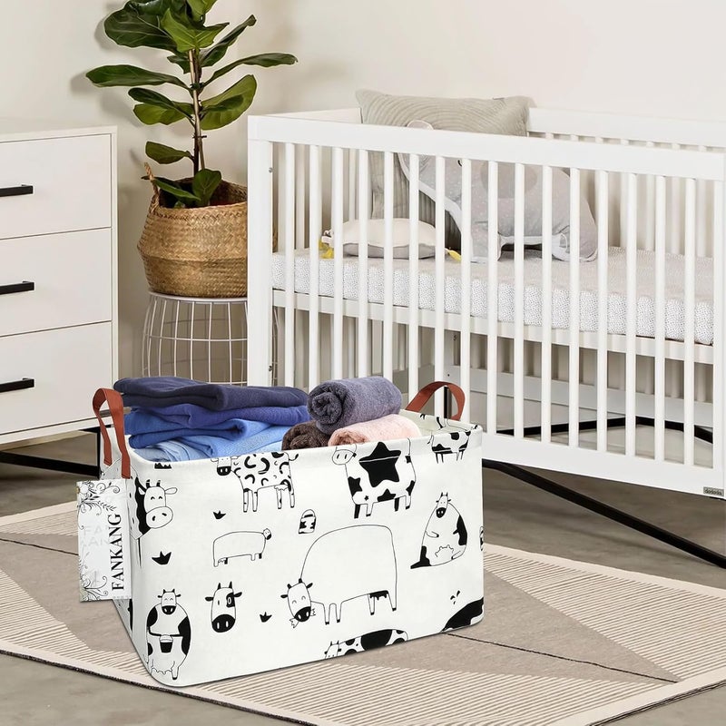 FANKANG Storage Basket,Nursery Hamper Canvas Laundry Basket Foldable with Waterproof PE Coating Storage, Office, Bedroom, Clothes,Toys(L, Rec-cows) - Image 4
