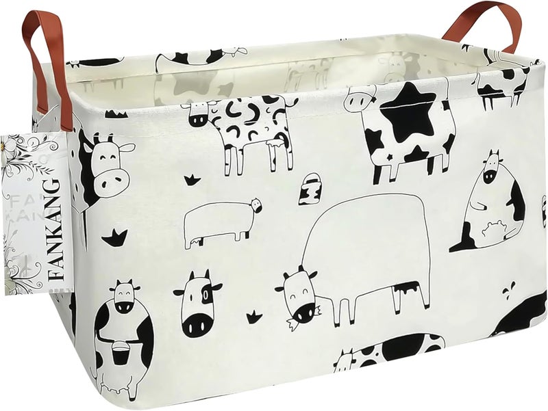 FANKANG Storage Basket,Nursery Hamper Canvas Laundry Basket Foldable with Waterproof PE Coating Storage, Office, Bedroom, Clothes,Toys(L, Rec-cows) - Image 1