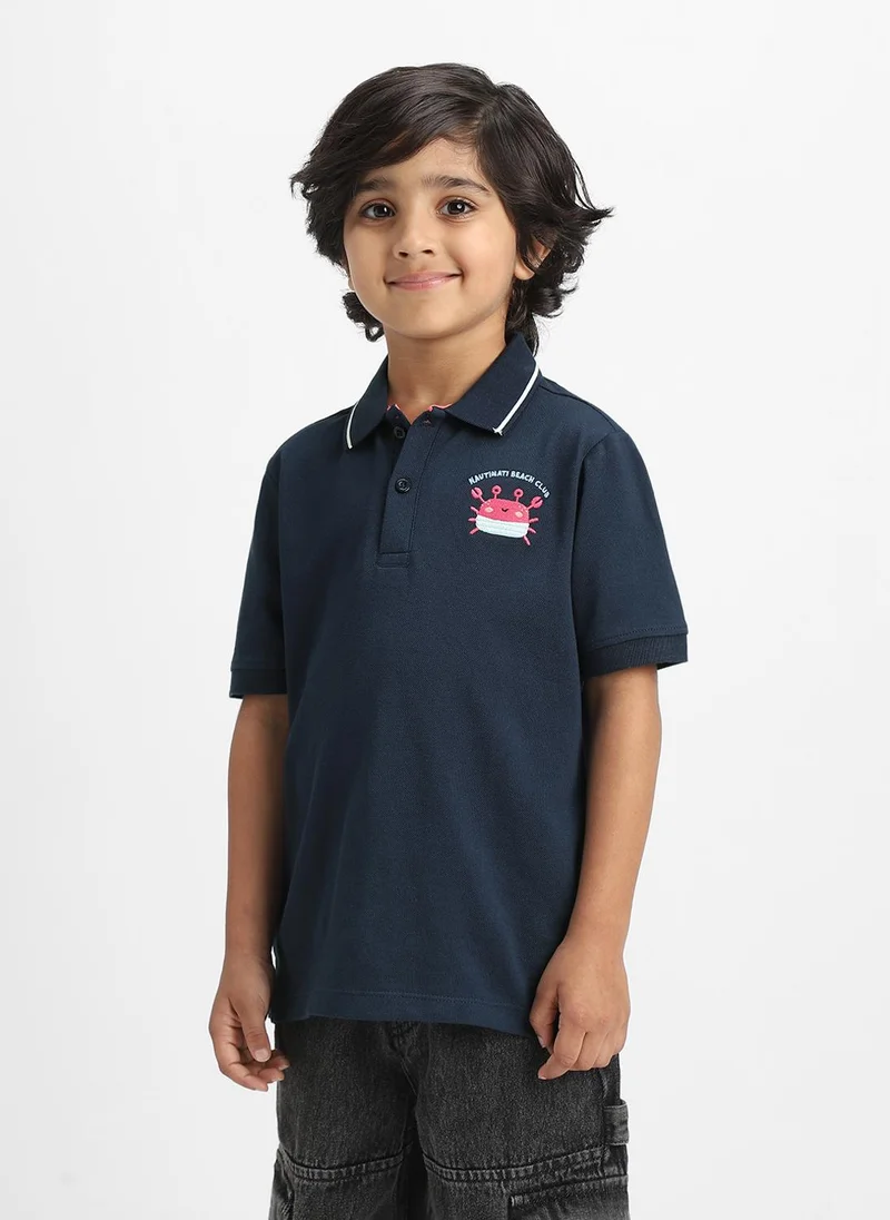 Nautinati Nautinati Navy Blue Crab Embroidery Cotton Polo T-shirt for Boys