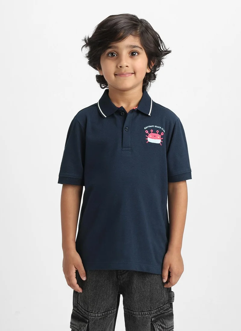 Nautinati Nautinati Navy Blue Crab Embroidery Cotton Polo T-shirt for Boys