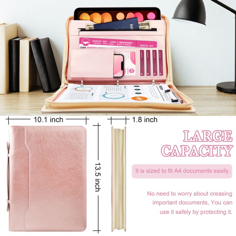 IYGHV Faux Leather Portfolio Binder with Handle & Clipboard, Zippered Padfolio Folder Organizer 3 Ring Binder for Document, Business Card Holder, Professional Portfolio Notebook for Men & Women (Rose Gold) - Image 4