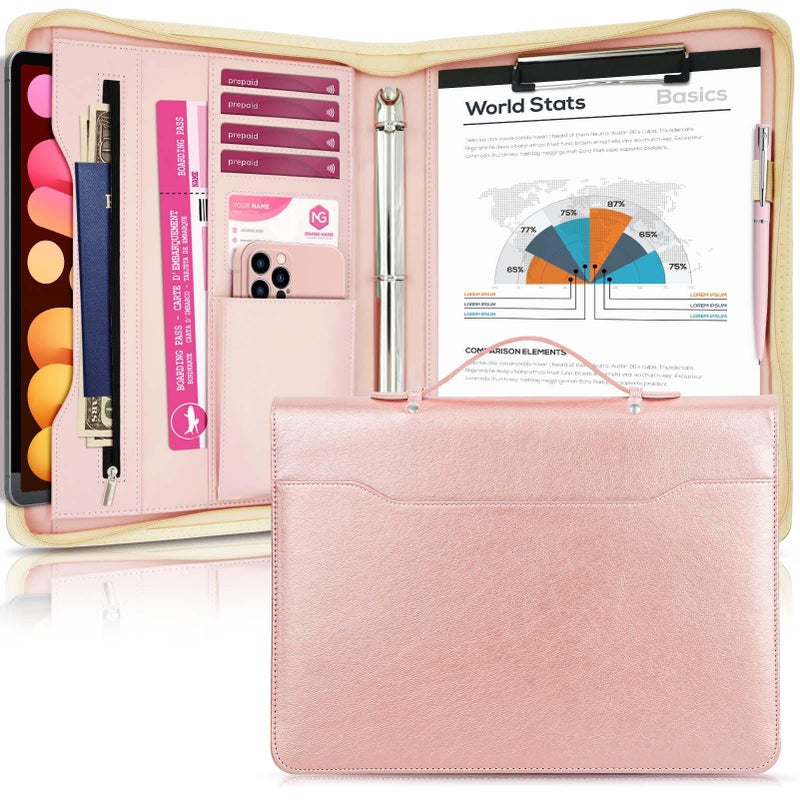 IYGHV Faux Leather Portfolio Binder with Handle & Clipboard, Zippered Padfolio Folder Organizer 3 Ring Binder for Document, Business Card Holder, Professional Portfolio Notebook for Men & Women (Rose Gold) - Image 1