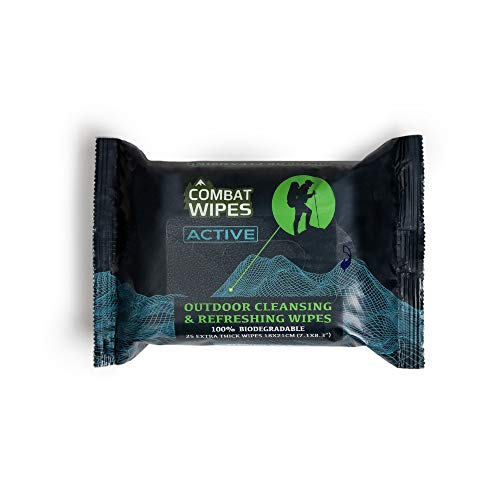 Combat Wipes ACTIVE Outdoor Wet Wipes Extra Thick Camping Gear Biodegradable Body Hand CleansingRefreshing Cloths for Backpacking Gym wNatural Aloe Vitamin E 25 Wipes