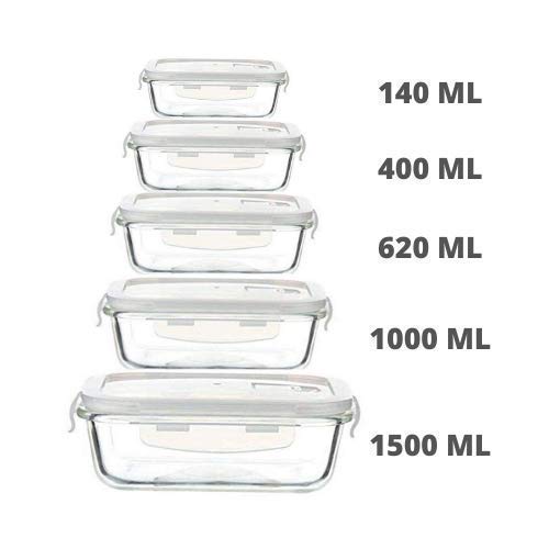 Femora Borosilicate Glass Containers Set of 5 | 140ml, 400ml, 620ml, 1000ml, 1500ml | Microwave & Oven Safe | Airtight Leak-Proof | BPA Free | 1 Year Warranty | Transparent - Image 2