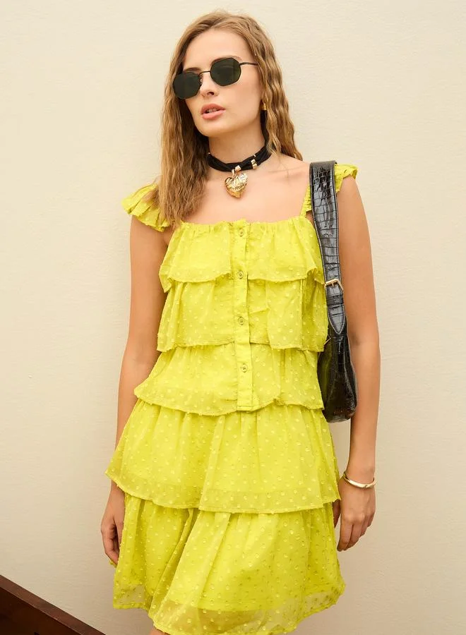 SASSAFRAS Sassafras Green Dobby Ruffle Layered Mini Dress