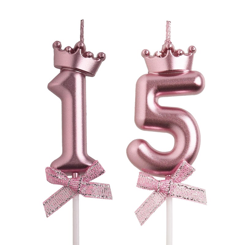 AOOLADA 15th Birthday Candles, Rose Gold 3D Number 15 Happy Birthday Candle with Crown, Cake Topper Decorations - Image 1