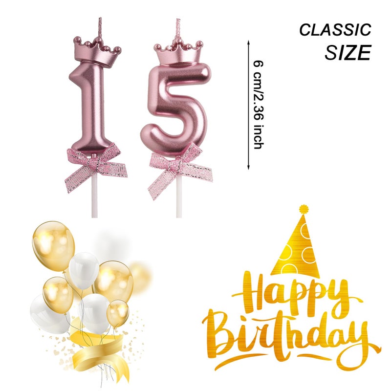AOOLADA 15th Birthday Candles, Rose Gold 3D Number 15 Happy Birthday Candle with Crown, Cake Topper Decorations - Image 2