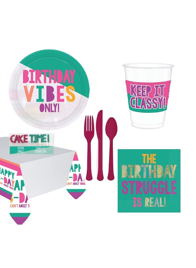 Amscan أدوات المائدة الفاخرة للشباب والمشاهير - مستلزمات الحفلات تشمل الأطباق، الأكواب، أدوات المائدة، المناديل، شمعة عيد الميلاد وغلاف الطاولة لـ 8 ضيوف - Image 1