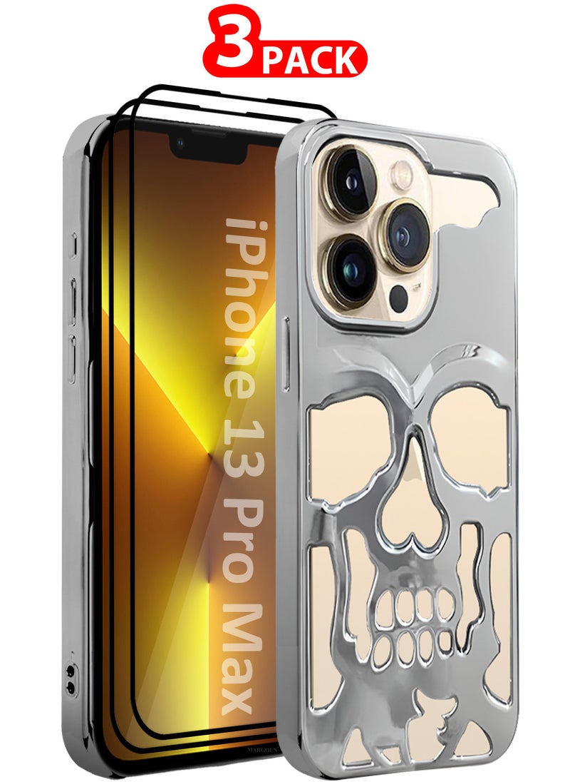 CATANES - iPhone 13 Pro Max 3Packs Skull Case Cover Soft TPU and Glossy with Two 3D Shockproof Screen Protector - Silver - Image 1