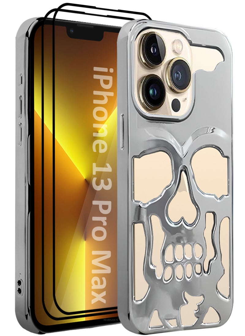 CATANES - iPhone 13 Pro Max 3Packs Skull Case Cover Soft TPU and Glossy with Two 3D Shockproof Screen Protector - Silver - Image 1