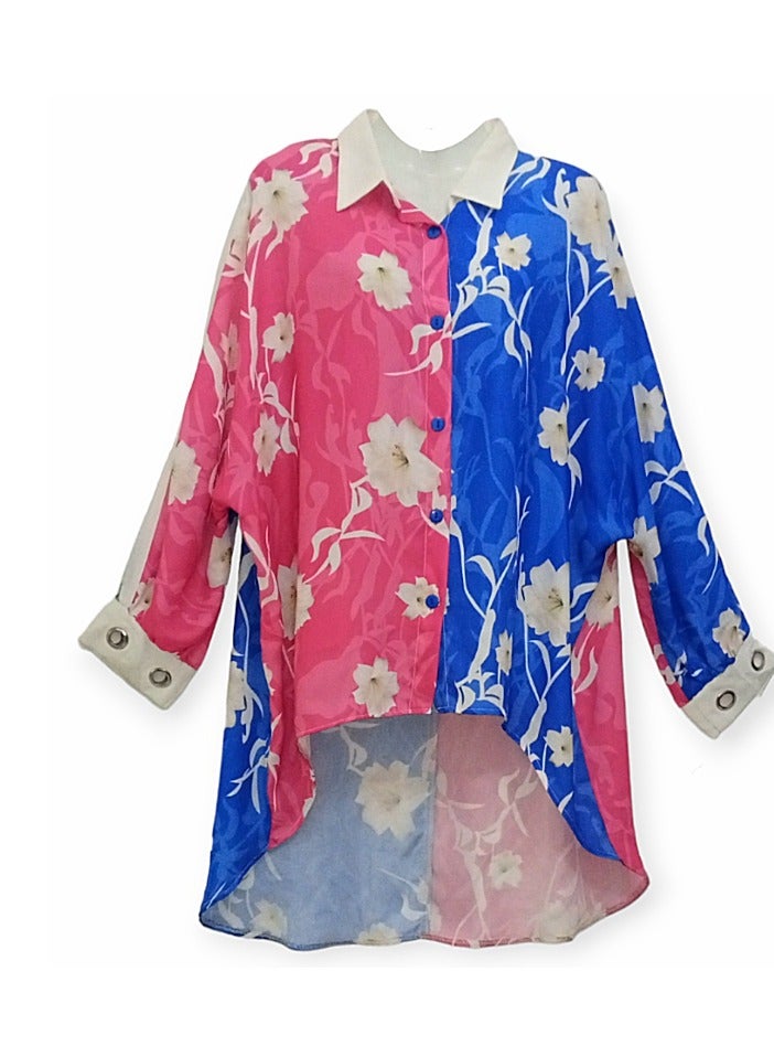 Printed chiffon blouse with bat sleeves and wide cuffs inlaid with metal rings 