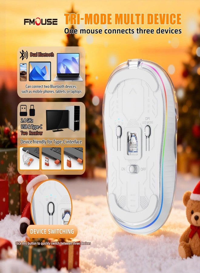 إف ماوس ماوس لاسلكي شفاف أبيض من FMOUSE مع دمية سانتا لطيفة، مزود بمستقبلين (USB وType-C)، يدعم تقنية بلوتوث ثلاثية الأوضاع + 2.4 جيجاهرتز، ماوس محمول صامت قابل لإعادة الشحن لأجهزة MacBook/أجهزة الكمبيوتر المحمولة/أجهزة الكمبيوتر المكتبية/المنزل - Image 3