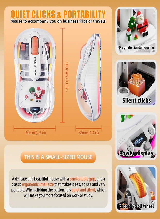 إف ماوس ماوس لاسلكي شفاف أبيض من FMOUSE مع دمية سانتا لطيفة، مزود بمستقبلين (USB وType-C)، يدعم تقنية بلوتوث ثلاثية الأوضاع + 2.4 جيجاهرتز، ماوس محمول صامت قابل لإعادة الشحن لأجهزة MacBook/أجهزة الكمبيوتر المحمولة/أجهزة الكمبيوتر المكتبية/المنزل - Image 4