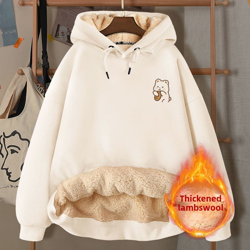 Lambskin Sweatshirt Women 2024 New Hooded Winter Top Women Autumn and Winter Thick Coat Winter fleece-lined Thick Beige (baguette) lambswool