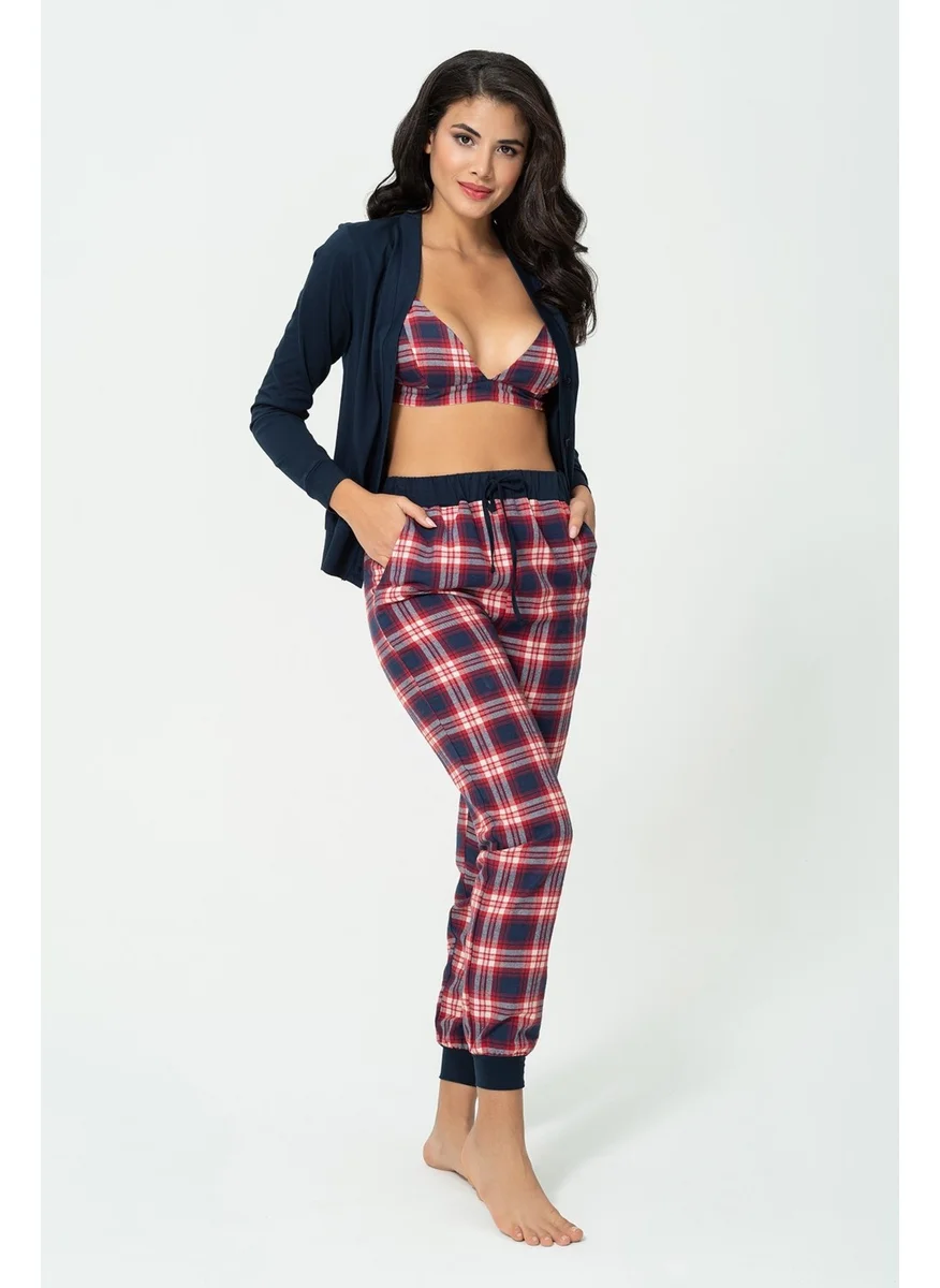 For You Loungewear 3-Piece Plaid Bustier Cardigan Navy Blue Suit S26972