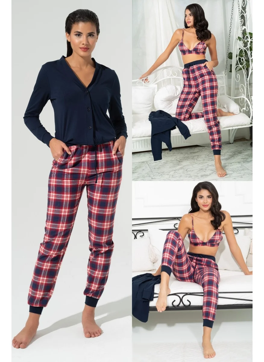 For You Loungewear 3-Piece Plaid Bustier Cardigan Navy Blue Suit S26972