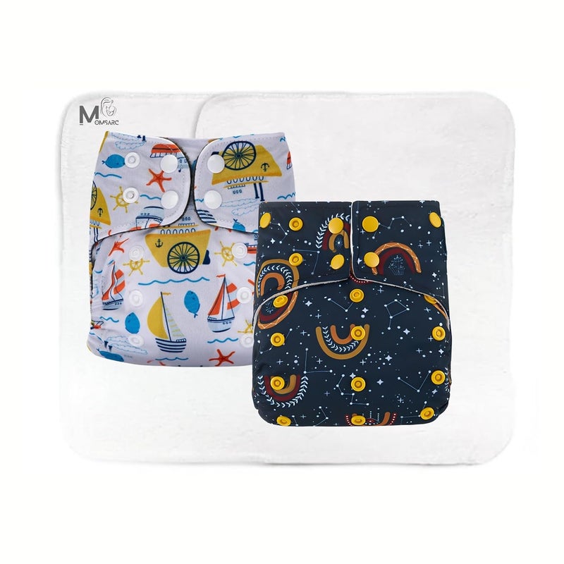 MOMSARC Cloth Diapers for Babies+ 2 insert pads| Leak Proof Cotton Diaper for New Born 0-3 Years with 4 Layer High absorbent Pad | Washable and Reusable Diapers for New Born Baby | Multicolor Cloth Nappy(Pack of 2) - Image 1