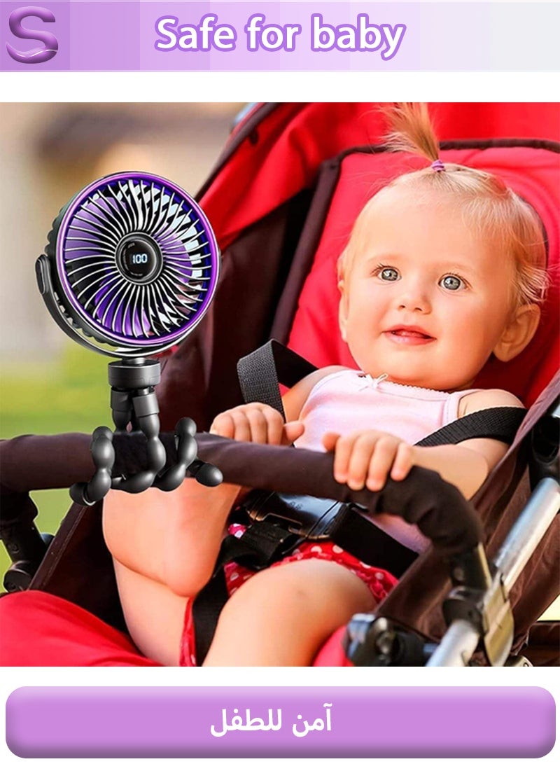 سيرينوفيا مروحة عربة أطفال محمولة 2000 مللي أمبير/ساعة - مروحة أخطبوط بشاشة LED مع حامل ثلاثي قابل للطي، دوران 720 درجة وتبريد هادئ لعربات الأطفال أو مقاعد السيارة، لون أرجواني - Image 3