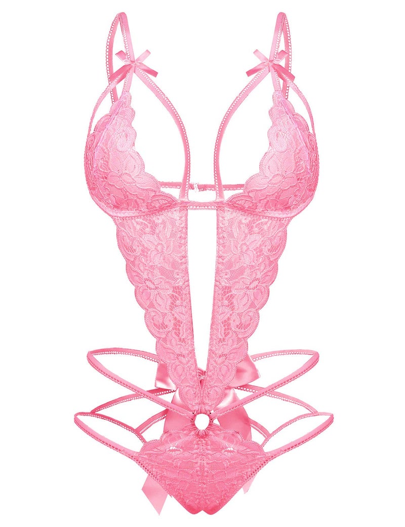 Donnalla Lingerie for Women Deep V Lace Teddy One Piece Lingerie Bodysuit Babydoll Teddy Underwear Rose Red Small - Image 1