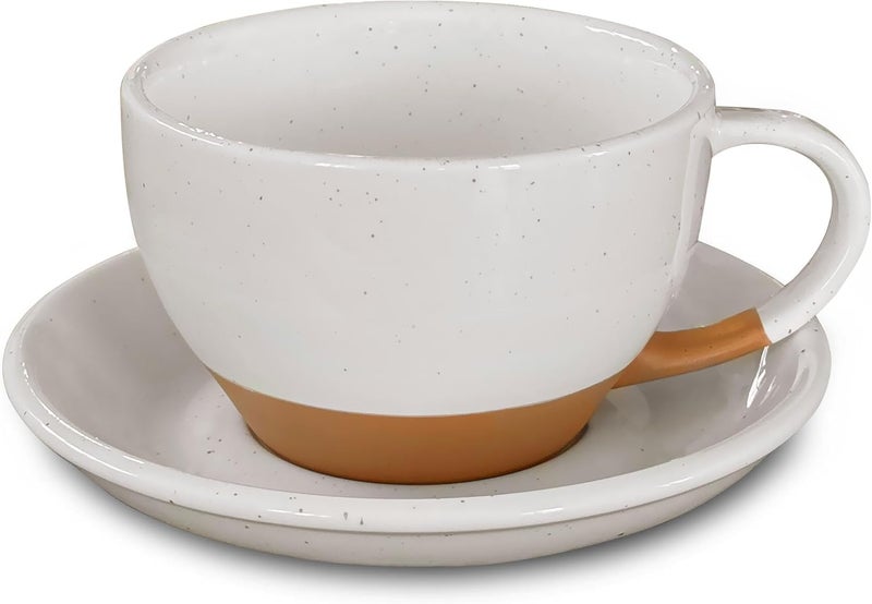 Mora Ceramic Latte Art Mug With Saucer  105 oz Round Bottom For Perfect Pours  Cafe Cups for Cappuccino Espresso Coffee Tea etc  Porcelain Set for Baristas Great Gift  Vanilla White - Image 1